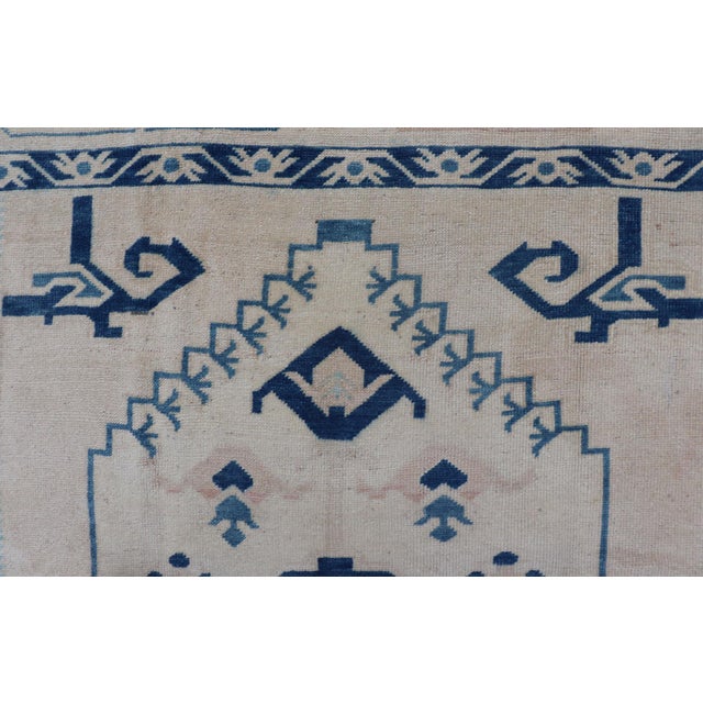 Mid 20th Century Blue, Cream & Green Vintage Oushak Rug With Geometric Medallion & Tribal Design 4'9 X 6'9 For Sale - Image 5 of 12