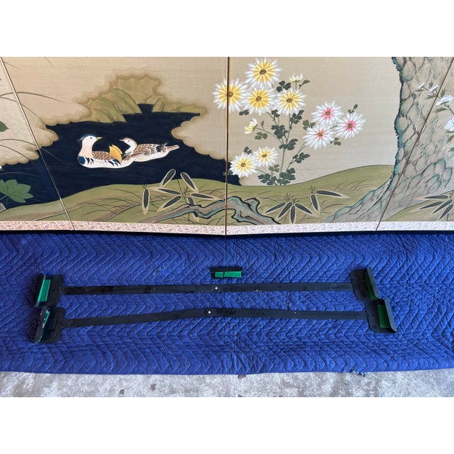 Large Mid 20th Century Chinese Mandarin Ducks, Pine Tree and Peonies Wall Folding Screen - Artist Signed For Sale - Image 4 of 12