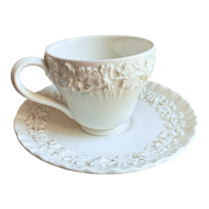 Mid-Century, Neo-Classical Wedgwood Queens Ware Embossed Cream on Cream Demitasse Cup and Saucer