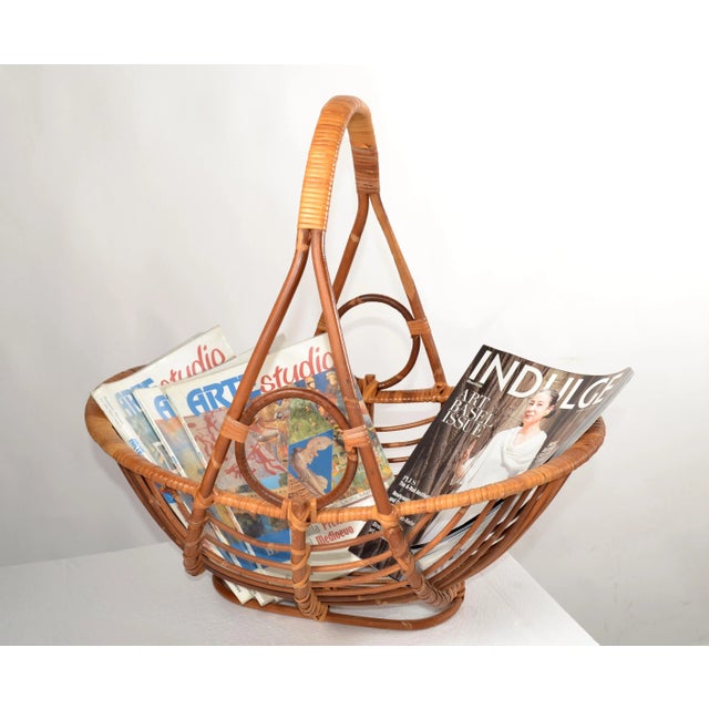 Ficks Reed Mid 20th Century Bohemian Open Weave Hand-Crafted Reed Caning Bamboo Magazine Basket For Sale - Image 4 of 12