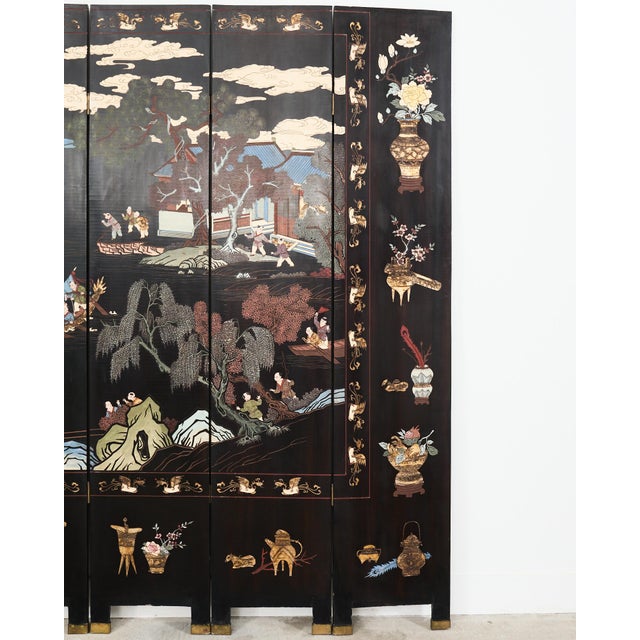 Mid 20th Century Chinese Export Eight Panel Coromandel Screen Blue Mountain Pavilion For Sale - Image 5 of 12