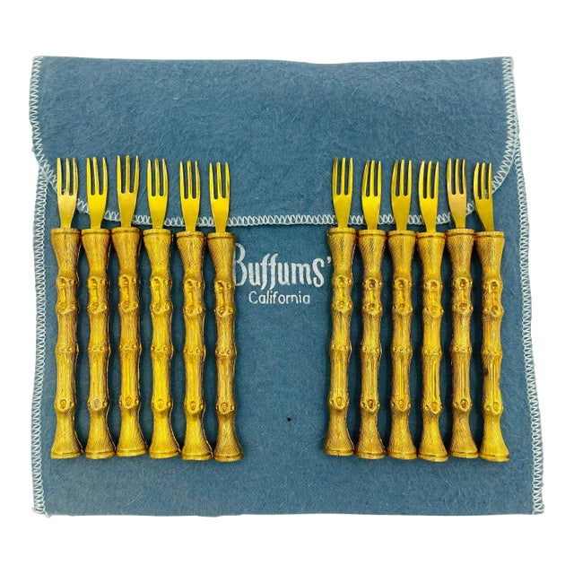 Vintage Gold Tone Bamboo-Style Cocktail Forks From Buffums’ Dept. Store - Set of 12 For Sale