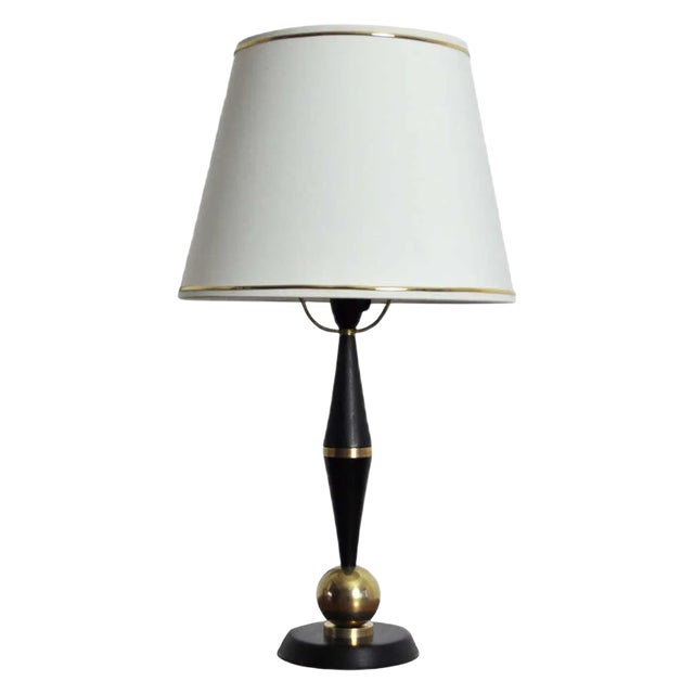 Art Deco Brass and Black Painted Wood Table Lamp, 1930s For Sale