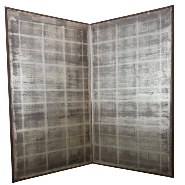 Meiji Japanese Folding Screen Byobu 2 Panel Antique Late 19th Century Silver Leaf Framed For Sale - Image 4 of 18