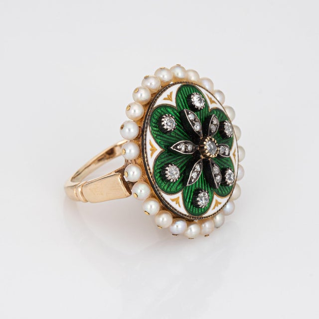 Vintage Diamond Pearl Ring Green Enamel Large Round Cocktail 14k Gold Sz 5 For Sale - Image 4 of 6