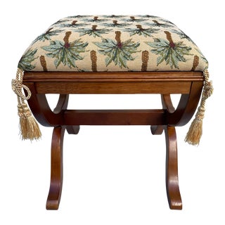 Mid 20th Century Solid Wood Curule Stool With Palm Tree Upholstery For Sale
