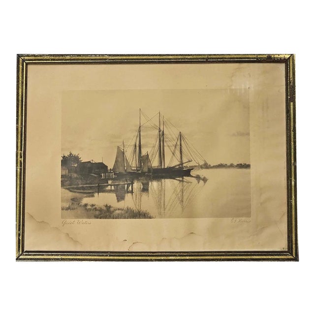 Antique Nineteenth Century Nautical Lithograph Quiet Waters by C. H. Harris Framed For Sale