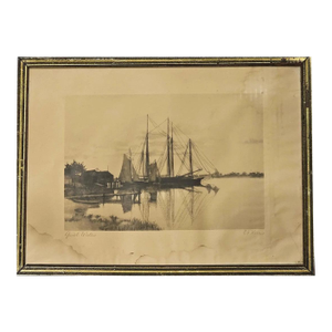 Antique Nineteenth Century Nautical Lithograph Quiet Waters by C. H. Harris Framed