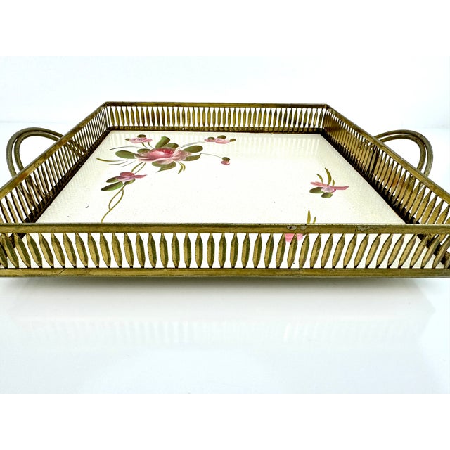 Vintage Fine Arts Studio Hand Painted Metal Floral Square Tray For Sale - Image 9 of 12