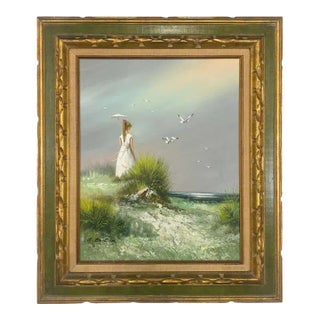 Impressionistic Seascape Oil on Canvas Painting of a Lady and Seagulls For Sale