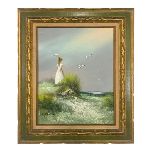 Impressionistic Seascape Oil on Canvas Painting of a Lady and Seagulls