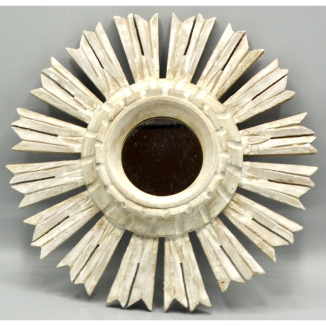 Late 20th Century Organic White-Washed Carved Wood Sunburst Mirror For Sale - Image 5 of 11
