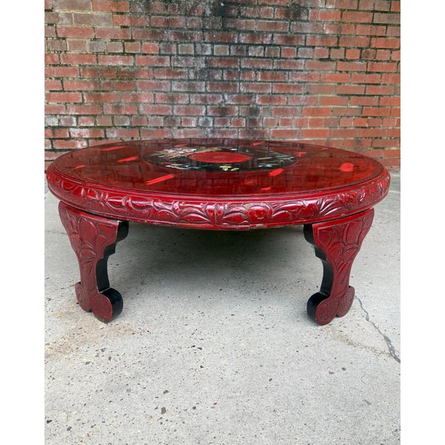 Mid 20th Century Chic Vintage Asian Lacquerd Carved Tea /Coffee Table With Floral Design For Sale - Image 5 of 12