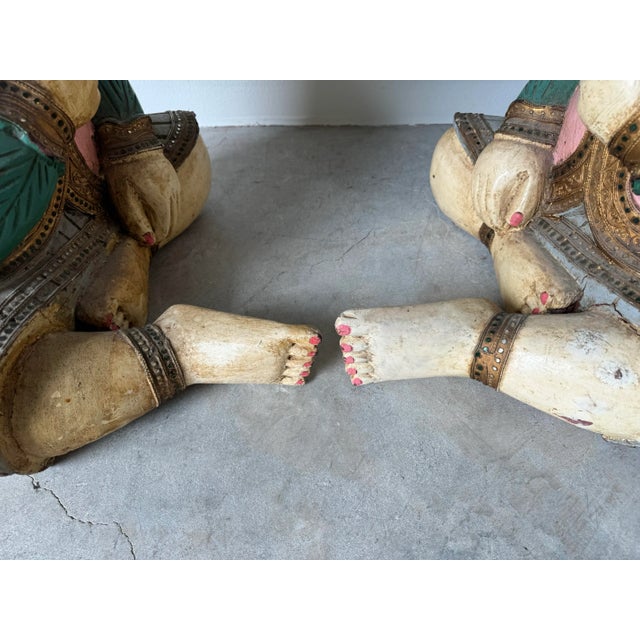 Vintage Asian Hand Carved Wood and Painted Seated Children Sculptures - a Pair For Sale - Image 10 of 12
