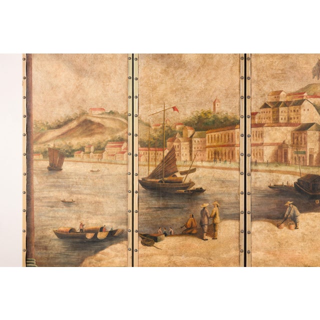 Vintage Four-Panel Painted Screen Depicting Macau Harbor, 1855 For Sale - Image 15 of 17