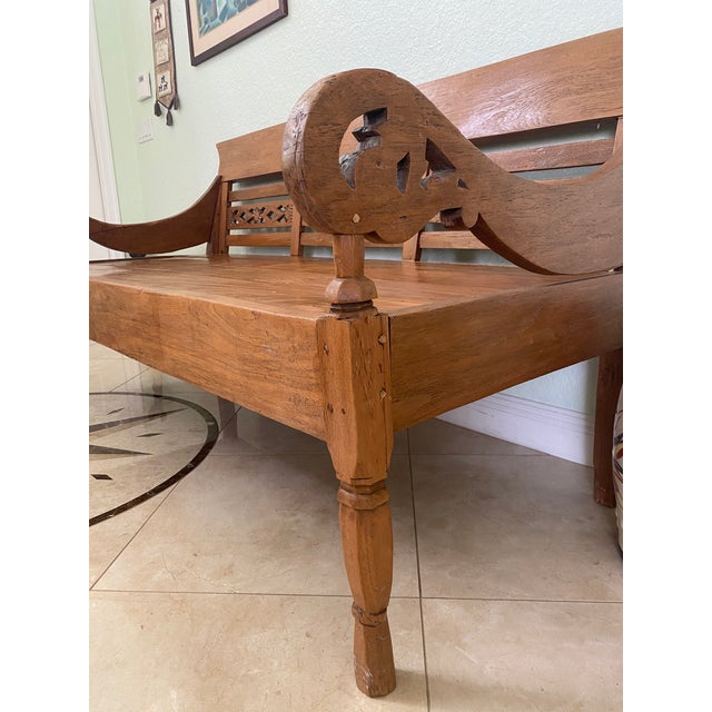 Rustic Vintage Hand-Carved Indonesian Solid Teak Daybed / Lounge Bench – Imported From Bali For Sale - Image 3 of 7