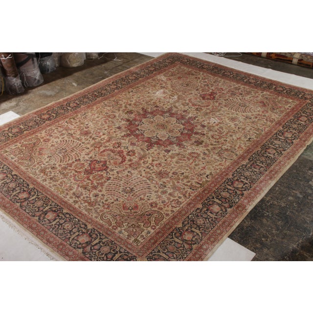 Traditional Hand-Knotted Vintage Tabriz Rug - Beige With Pink and Red Floral Medallion Style For Sale - Image 3 of 6