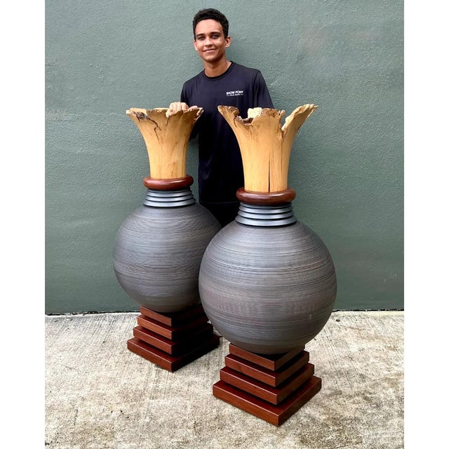 Wood Vintage Monumental Sculptural Wood Urns - A Pair For Sale - Image 7 of 12