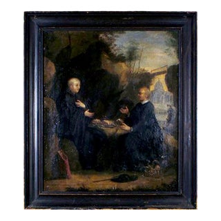 18th Century Italian Old Master Two Monks Eating Lunch with Cathedral in Background For Sale