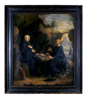 18th Century Italian Old Master Two Monks Eating Lunch with Cathedral in Background
