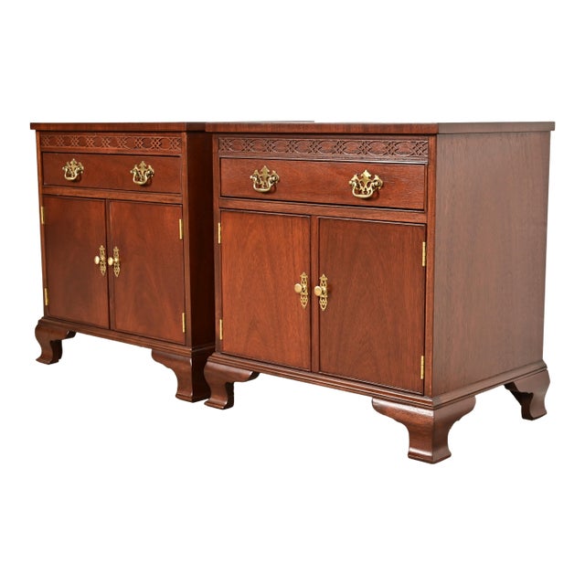 Baker Furniture Chippendale Carved Mahogany Nightstands, Newly Refinished For Sale