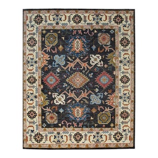 8x10 Blue Hand-Knotted Wool Floral Medallion Border Traditional Carpet Rug For Sale