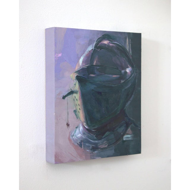 Contemporary Forever Companion by Elena Burykina | Oil on panel Painting of a knight's helmet with a spider. For Sale - Image 3 of 5