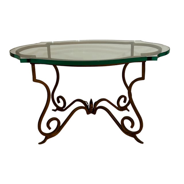 Italian Gilt Iron Scroll Side Table With Custom Notched Glass Top For Sale
