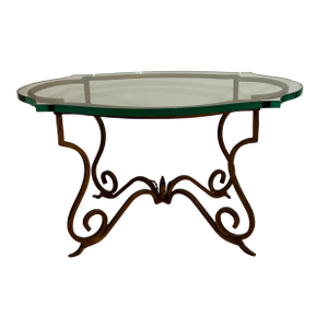 Italian Gilt Iron Scroll Side Table With Custom Notched Glass Top