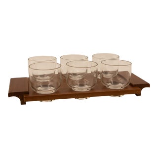 Mission of California Mid-Century Walnut Barware Tray With Six Lowball Glasses For Sale