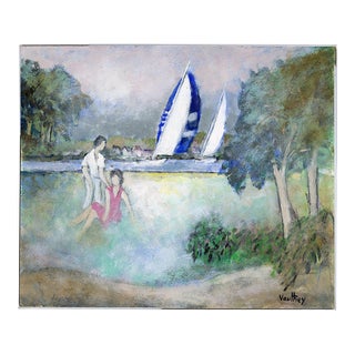 "Couple in the Park by the Lake" Original Oil Painting by Pierre Vauthey For Sale