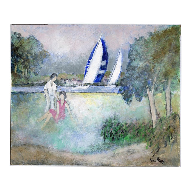 "Couple in the Park by the Lake" Original Oil Painting by Pierre Vauthey For Sale