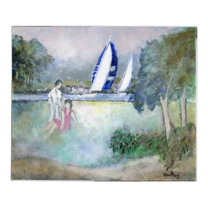 "Couple in the Park by the Lake" Original Oil Painting by Pierre Vauthey