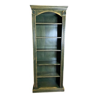 1980s Custom Made Regency Style Tall Green Painted Bookcase With Adjustable Shelves For Sale