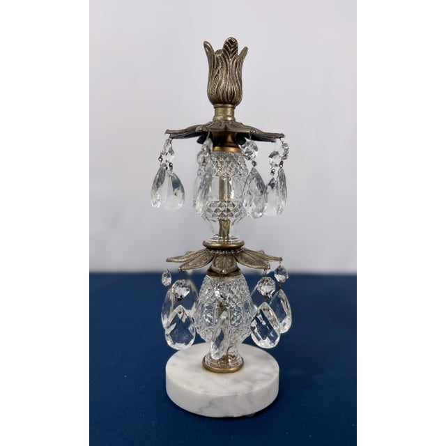 Hollywood Regency Gilt Brass & Tiered Crystal Girandole Trio - 12" Statement Set For Sale - Image 3 of 9