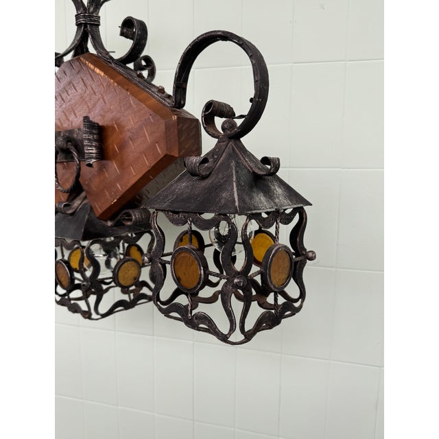 Vintage Brutalist 3-Light Lantern in Wood and Wrought Iron, 1970s For Sale - Image 11 of 18