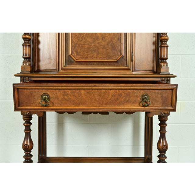 Berkey & Gay Antique English Jacobean Carved Walnut and Burl Wood Bookcase or Bar Cabinet, Circa 1920s For Sale In South Bend - Image 6 of 16