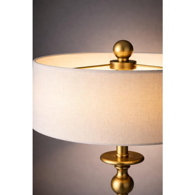 Late 20th Century Tall Neoclassical Buffet Lamps in Sunlit Aged Brass With Twisted Columns & Custom Low-Profile Linen Shades - a Pair For Sale - Image 4 of 8