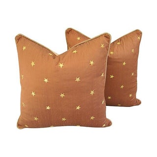 Silk Pillows W/ Embroidered Gold Stars - A Pair For Sale