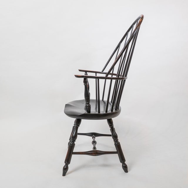 Wood 1990s Pair of d.r. Dimes Windsor Bowback Arm Chairs in Black Crackle With Custom Cushions For Sale - Image 7 of 11