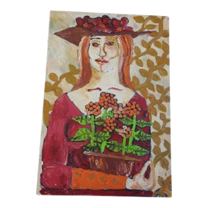 1970s Fauvist Portrait Oil Painting of a Woman on Wooden Board