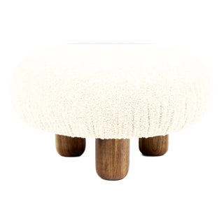 Custom Bolete Ottoman Footstool — Turned Walnut Legs — Stone Bouclé For Sale