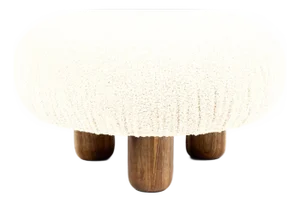 Custom Bolete Ottoman Footstool — Turned Walnut Legs — Stone Bouclé