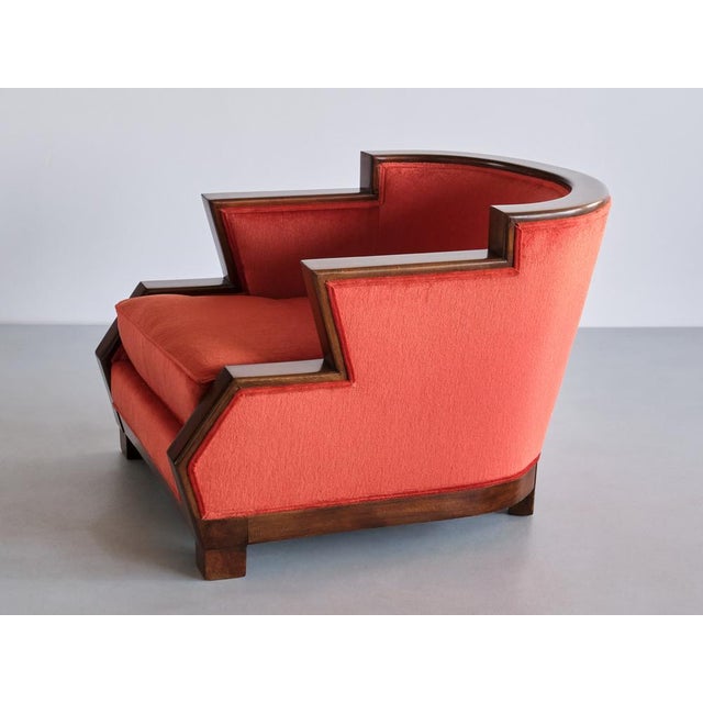 Art Deco Cubist Armchair in Vermilion Mohair Velvet and Maple, Belgium, 1920s For Sale - Image 16 of 17