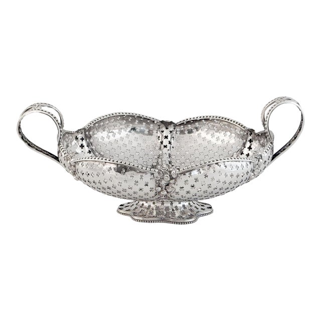 English Pierced Silver Centerpiece or Fruit Basket With Opposing Handles For Sale
