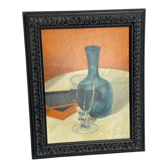 1961 Mid-Century Modern Still Life With Blue Glass Bottle, Signed For Sale