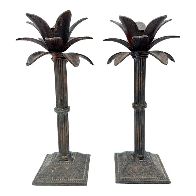 Pair of Vintage Bronze Palm Tree Candleholders For Sale