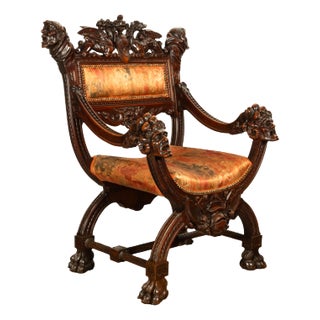 Antique Italian Hand Carved Walnut Renaissance Dragon & Knight Throne Chair 1880 For Sale