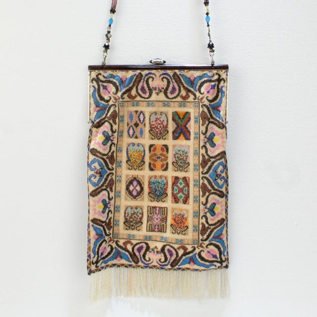 Art Deco Antique Micro Rug / Tapestry Pattern Beaded Bag With an Enameled Marcasite Frame For Sale - Image 3 of 12