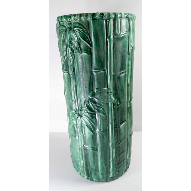 Ceramic 20th Century Japanese Faux Bamboo Green Glazed Pottery Umbrella Stand or Cane Holder For Sale - Image 7 of 15